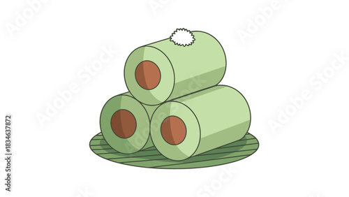 Green Sushi Rolls Stacked on Decorative Plate Fresh Appetizer Illustration sweet dessert indonesian food putu bambu traditional