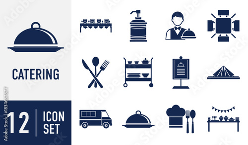 Catering Service icons set. food preparation and delivery icon set with chef, waiter, buffet, menu, and equipment. Vector. Solid icon collection