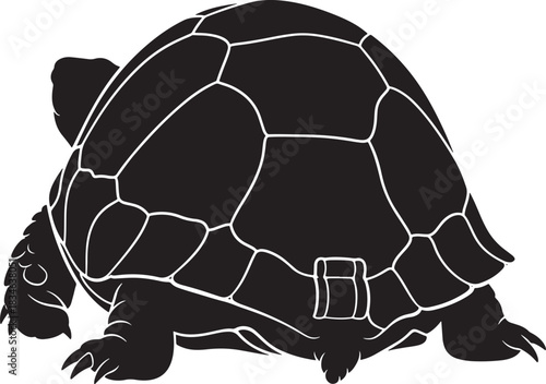 Stylized black tortoise silhouette icon with intricate shell pattern, isolated vector graphic for diverse design projects.