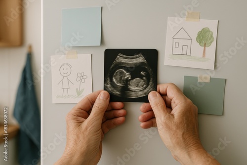 Expectant parents celebrating growth with ultrasound photo displayed alongside childlike drawings of home and flower symbolizing family, love, and future happiness