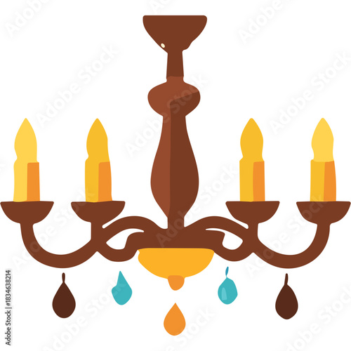 Classic Five Arm Wooden Chandelier With Amber Candle Lights And Blue Crystal Accents Against A Black Background Minimalist Design
