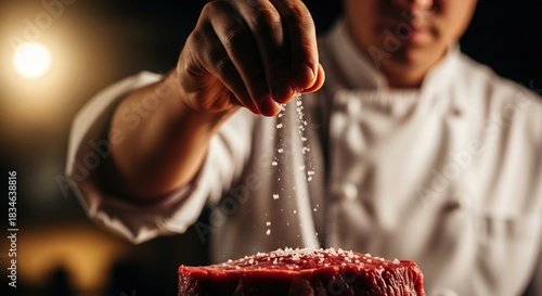 Chef sprinkling salt on raw steak in dark kitchen setting . Farm meat store concept. copy space.