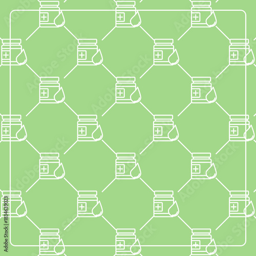 Seamless pattern on a green background with liquid medicine icons. Line design for posters, social media, and banner templates.