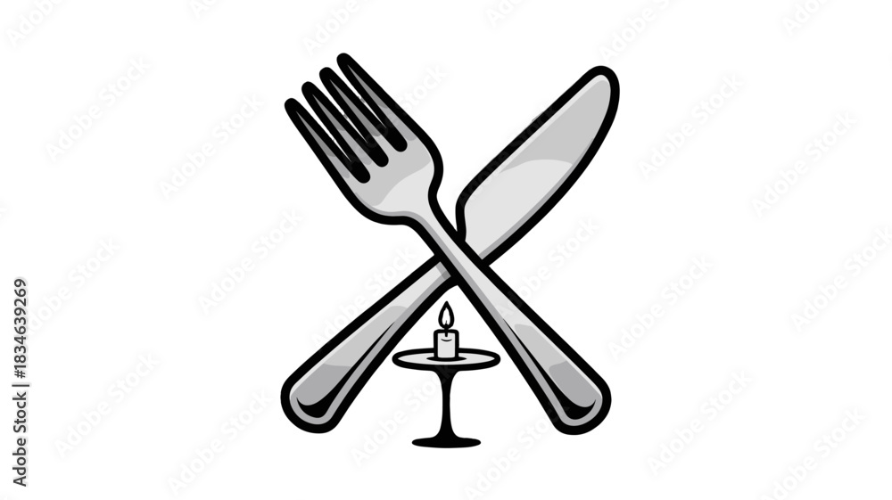 Fototapeta premium A elegant black and white image showing a knife and a fork crossed over a table with a candle.