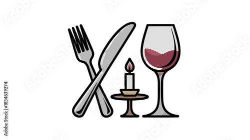 A romantic dining scene with cutlery, candle, and wine glass.