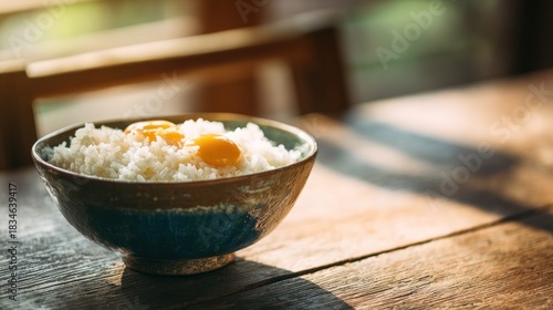 Rice bowl with yolk on wooden table