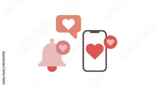 Social media notifications of hearts on phone and bell.