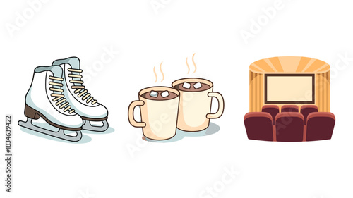 A collection of winter leisure items, including ice skates, mugs of cocoa, and a cinema.