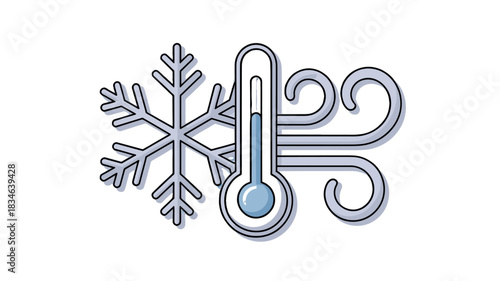 An illustrative image depicting cold weather elements: a snowflake, a thermometer and a blowing wind.