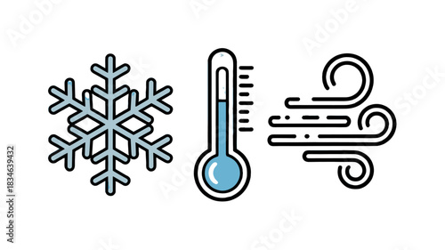 The elements of winter season including a snowflake, thermometer, and gust of wind.