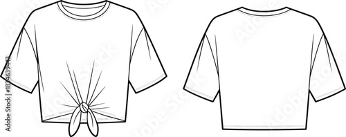 Fashion Flat Sketch of a Cropped Tie- Front T- Shirt Front and Back Views t-shirt tie front