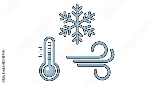 Depicting the cold elements with snowflake, thermometer and wind graphic.