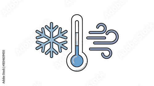 Conceptual Illustration of Cold Weather elements - Snowflake, Thermometer, and Wind.