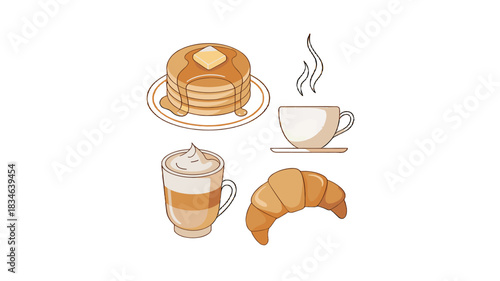 Delicious breakfast: Pancakes, a croissant, and coffee, and latte.