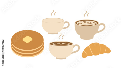 A delightful morning breakfast spread including pancakes, coffee cups, and a croissant.