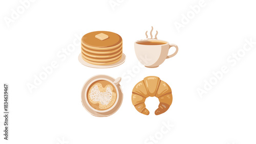 Delicious breakfast set with pancake, croissant and a cup of coffee.