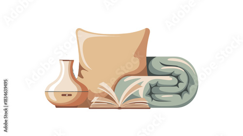 Cozy bedroom scene with pillow, blanket, book, and aroma diffuser.