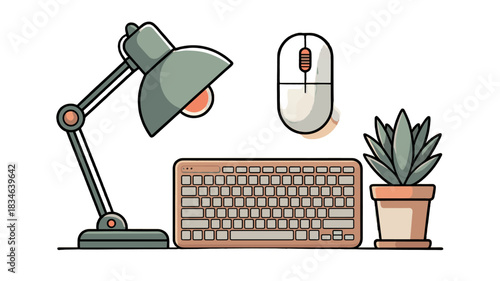 A flat illustration of a workstation featuring keyboard, mouse, plant and desk lamp.
