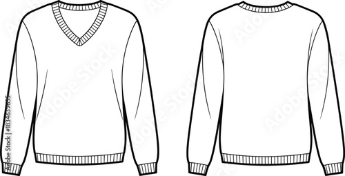 Front and back view fashion flat sketch of a long sleeve v-neck sweater with ribbed trim jumper