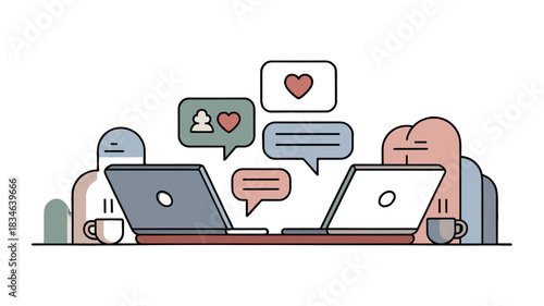 Illustration of individuals engaging in online interactions, with dialogue bubbles containing hearts and messages floating above.