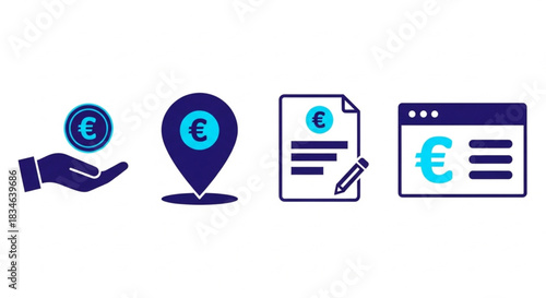 Money transfer icons Hand holding Euro coin, location pin with Euro symbol, document with Euro symbol, and web page with Euro symbol