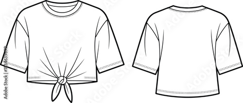 Front and back view fashion flat sketch of a short sleeve cropped t-shirt with a knot detail drawing