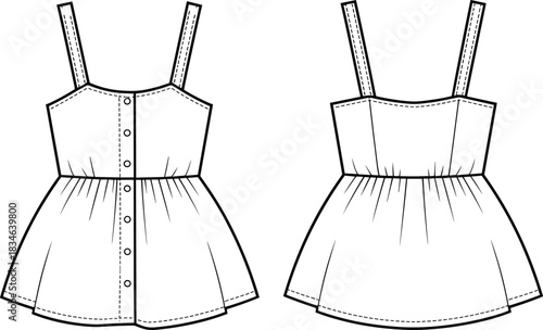 Front and back view of a button-front camisole top with gathered detail clothing fashion
