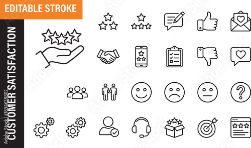 Customer satisfaction outline icons collection for feedback, rating, service quality, support evaluation, user reviews, client experience, performance assessment, communication