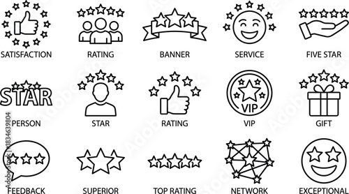 Customer satisfaction and star rating line icons collection featuring feedback, service quality, reviews, VIP badge, superior performance symbols
