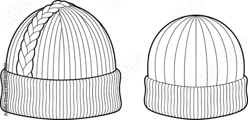 Front and back view of a knitted beanie hat with braided detail vector illustration