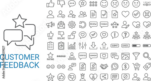 Customer feedback icon set featuring rating symbols, review elements, user experience outline graphics, communication icons, quality evaluation design collection for businesses