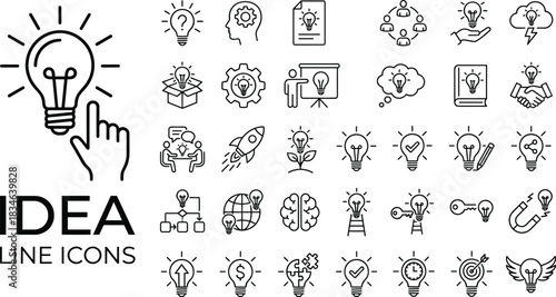 Creative idea lightbulb line icons collection for innovation, brainstorming, startup strategy, business planning, imagination, solution development, design concept symbols