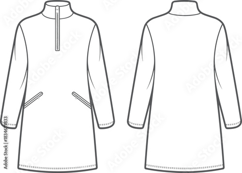 Front and back view of a long-sleeved zip-neck tunic with pockets clothing fashion