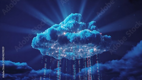 Digital cloud with glowing data streams in futuristic blue sky
