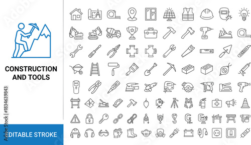 Construction tools and equipment line icon set for building, engineering, repair, maintenance, safety, industrial work, architecture projects and professional contractors