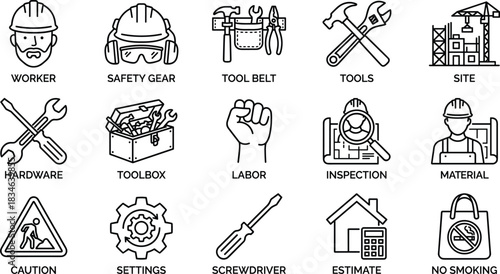 Construction industry line icons set with worker safety gear, tools, materials, inspection symbols for building, labor, caution, estimate illustration