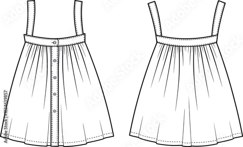 Front and back view of a sleeveless button-down dress with gathered skirt and straps clothing fashion