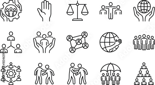 Community support line icons set, teamwork unity illustration, social connection and leadership symbols, global collaboration, equality, cooperation, and humanitarian care vector collection