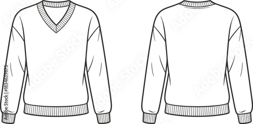 Front and back view of av-neck sweater with ribbed cuffs and hem pullover long sleeve