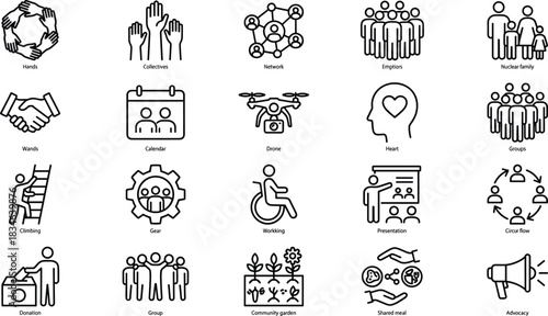 Community support line icons set, teamwork cooperation symbols, social connection illustration, volunteer activities graphics, charity advocacy and group unity vector collection