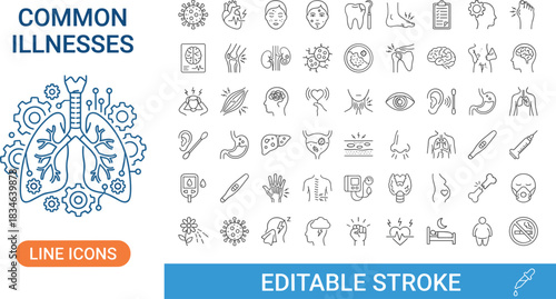 Common illness medical line icons set showing various health symptoms, diseases, infection signs, body pain, diagnostics, treatment symbols, editable stroke