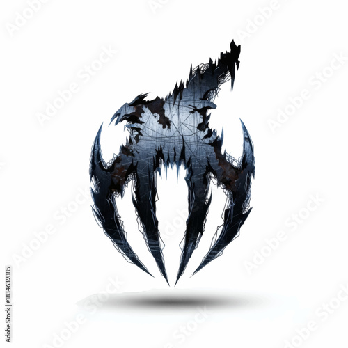 Grasping metallic claw of a monster on a sphere, an aggressive dark fantasy emblem symbol design
