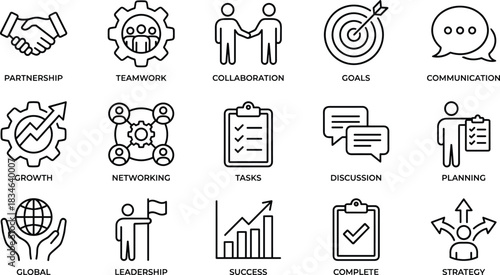 Business teamwork and leadership outline icons for partnership, communication, planning, strategy, goals, growth, networking, success, tasks, collaboration, complete