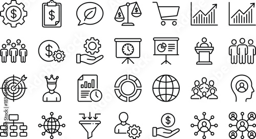 Business management line icon set featuring finance, teamwork, analytics, marketing strategy, leadership, global network, organization structure and economic growth symbols