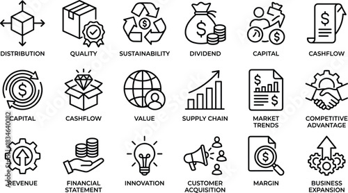 Business finance icons set, economic growth symbols, corporate strategy illustration, revenue analysis graphics, market trends and investment management vector collection