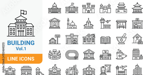 Building line icons set featuring government, school, hospital, airport, store, temple, transportation, landmarks, architecture, city infrastructure in modern outline style