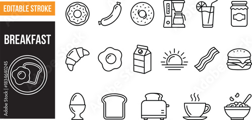 Breakfast editable stroke icon set featuring food and drink symbols including coffee, eggs, toast, donuts, milk, cereal and morning meal items