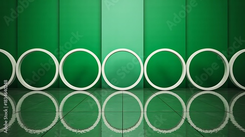 Abstract green background with white circular shapes and reflections 
