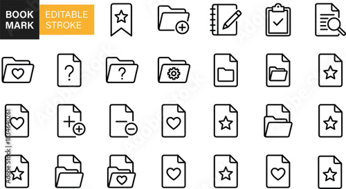 Bookmark folder and document icon set with editable stroke for organization, file management, favorites, sorting, tagging, and digital workspace design projects