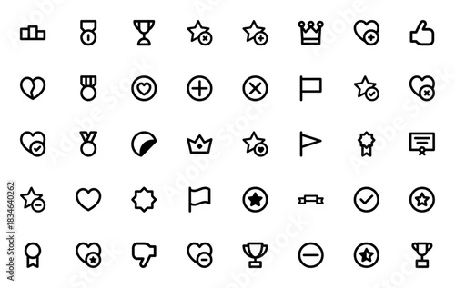Minimal votes and regards icon set. Linear vector icns pack. Featuring podium,medal, trophy, crown, hear, like, dislike, flag, ribon, certificate and more.